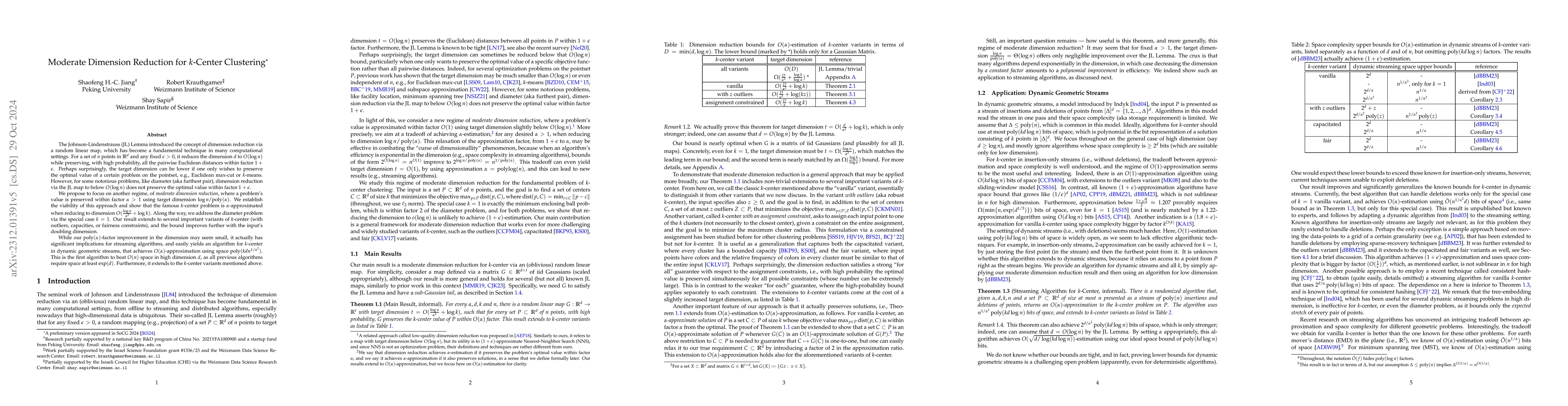 Thumbnail for Moderate Dimension Reduction for $k$-Center Clustering