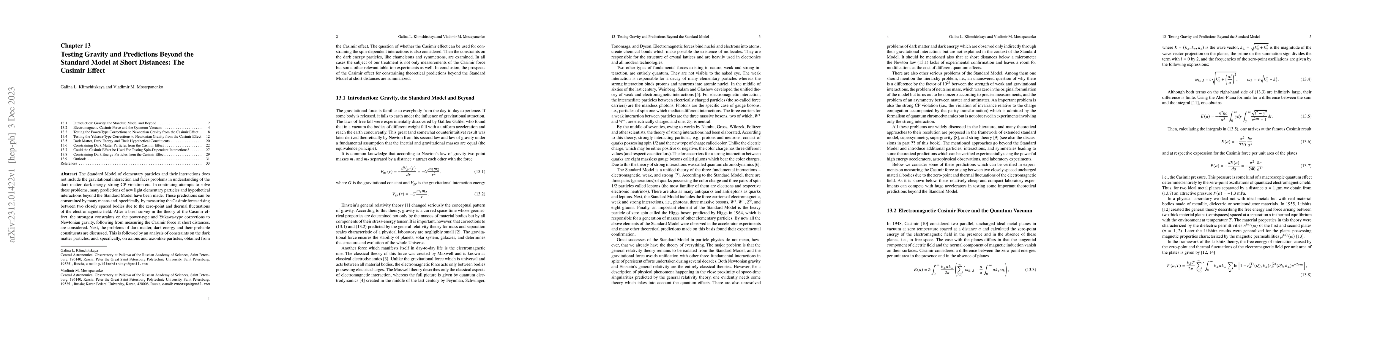 Thumbnail for Testing Gravity and Predictions Beyond the Standard Model at Short
  Distances: The Casimir Effect