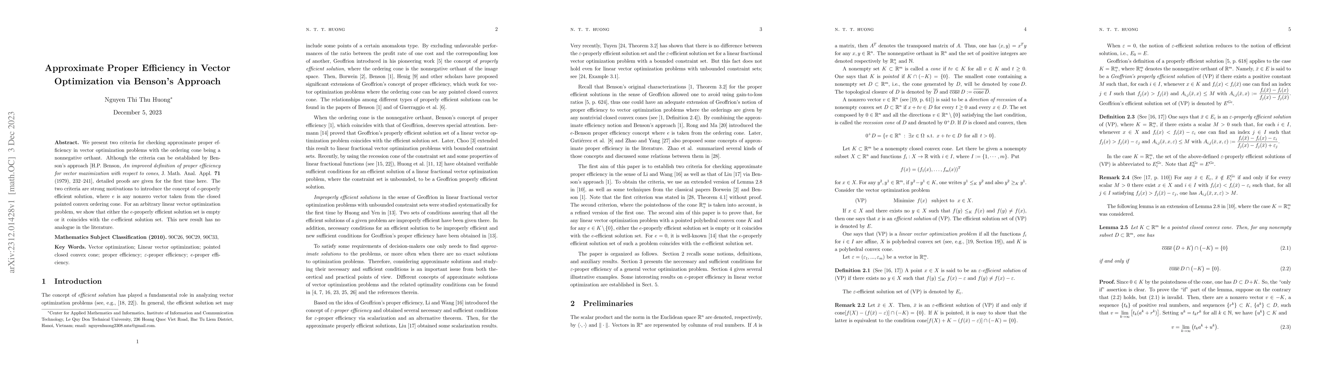 Thumbnail for Approximate Proper Efficiency in Vector Optimization via Benson's
  Approach