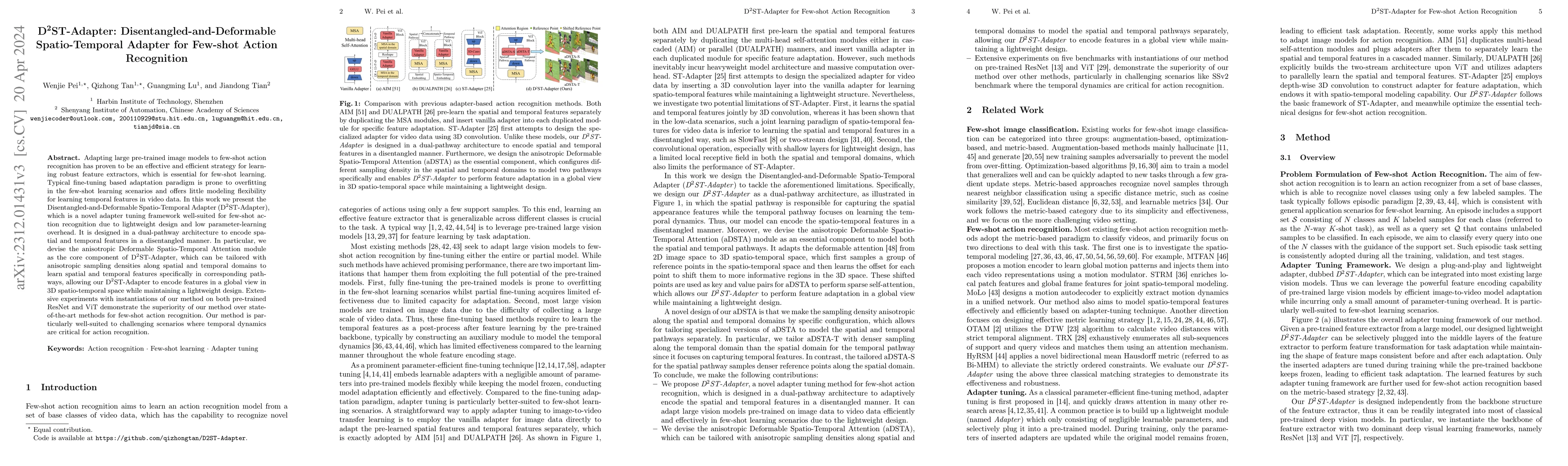 Thumbnail for D$^2$ST-Adapter: Disentangled-and-Deformable Spatio-Temporal Adapter for
  Few-shot Action Recognition