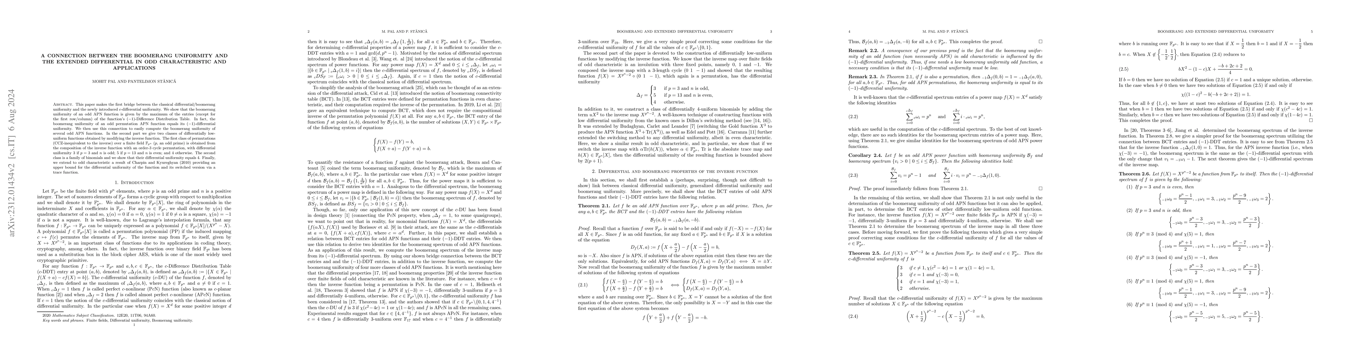 Thumbnail for A connection between the boomerang uniformity and the extended
  differential in odd characteristic and applications