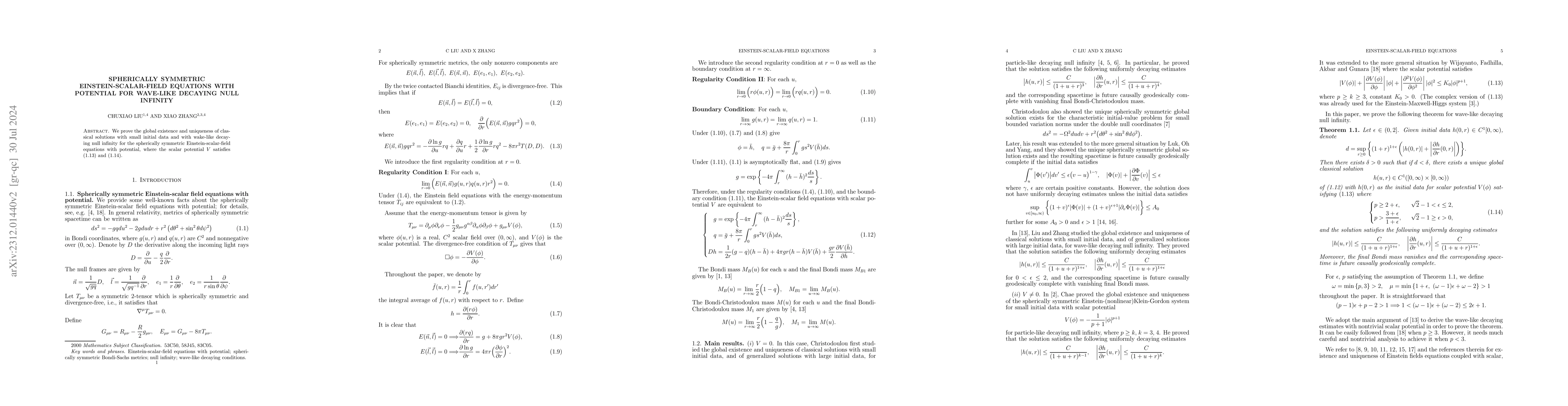 Thumbnail for Spherically symmetric Einstein-scalar-field equations with potential for
  wave-like decaying null infinity