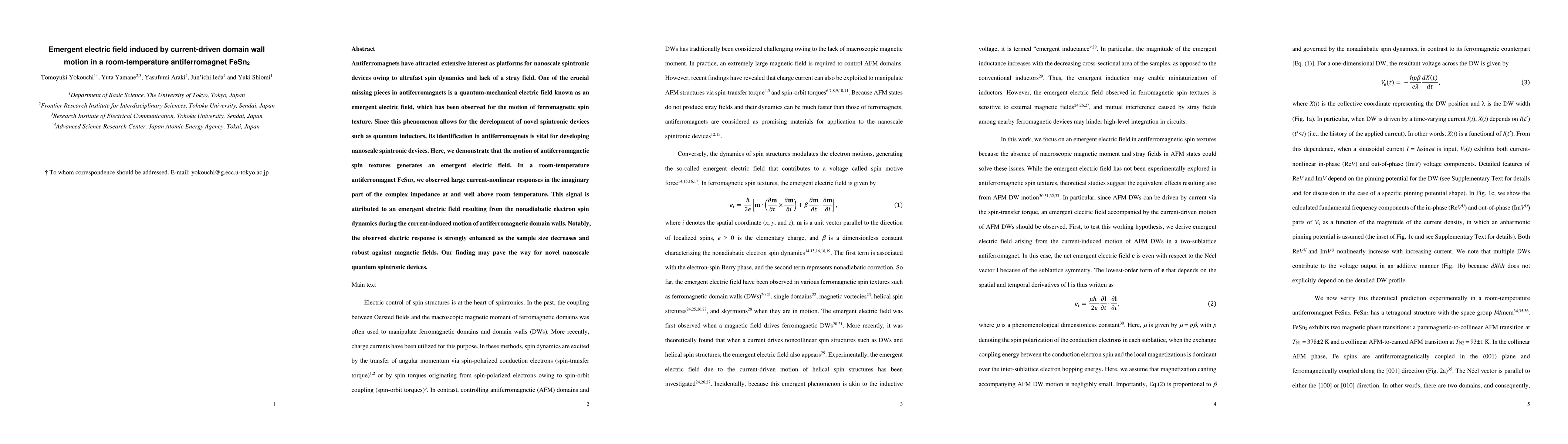 Thumbnail for Emergent electric field induced by current-driven domain wall motion in
  a room-temperature antiferromagnet FeSn2
