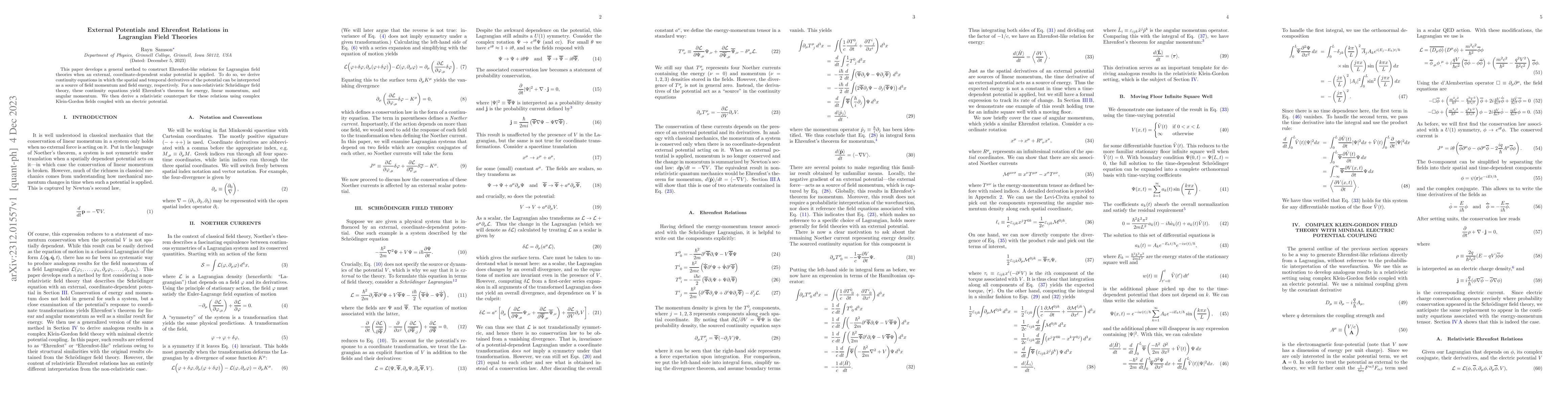 Thumbnail for External Potentials and Ehrenfest Relations in Lagrangian Field Theories