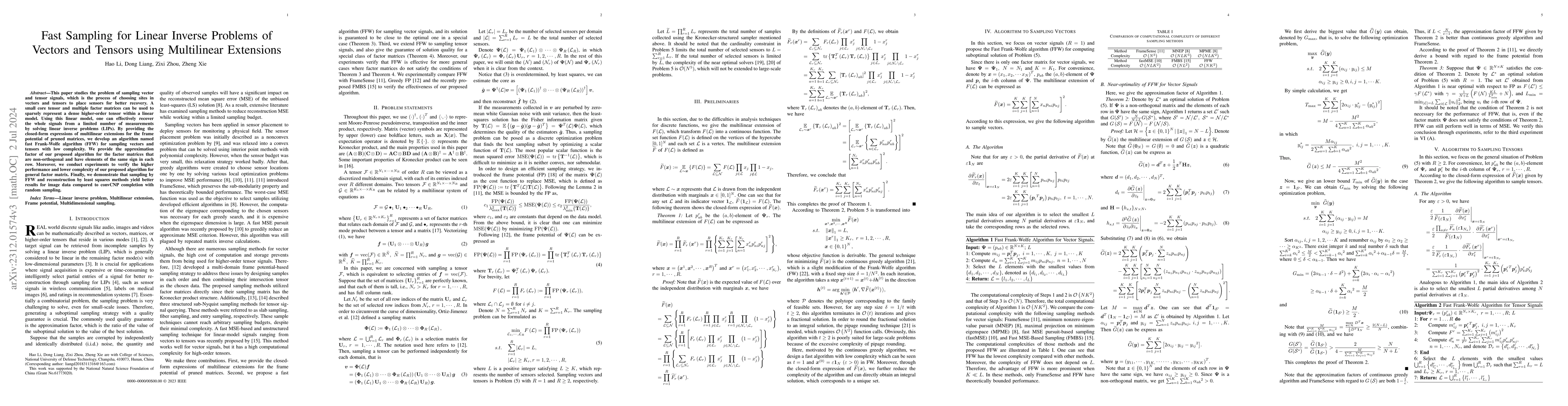 Thumbnail for Fast Sampling for Linear Inverse Problems of Vectors and Tensors using
  Multilinear Extensions