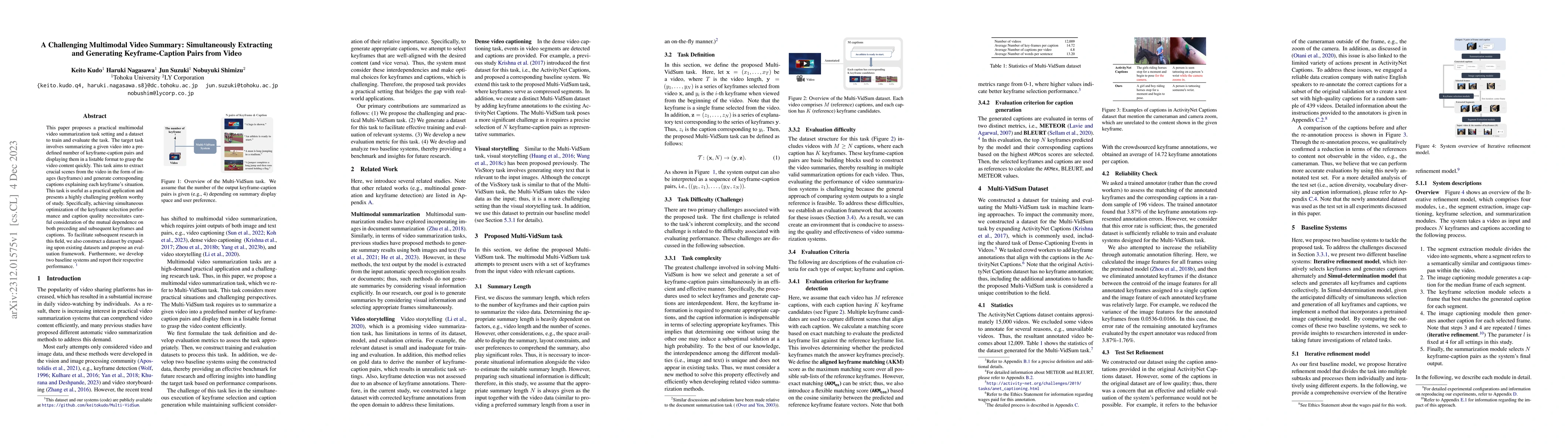 Thumbnail for A Challenging Multimodal Video Summary: Simultaneously Extracting and
  Generating Keyframe-Caption Pairs from Video
