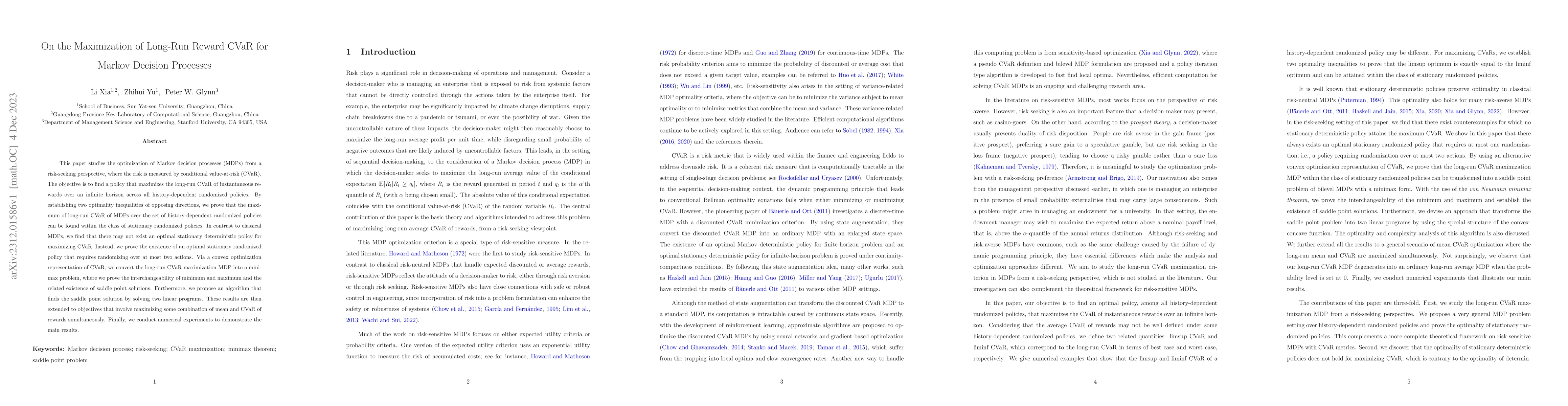 Thumbnail for On the Maximization of Long-Run Reward CVaR for Markov Decision
  Processes
