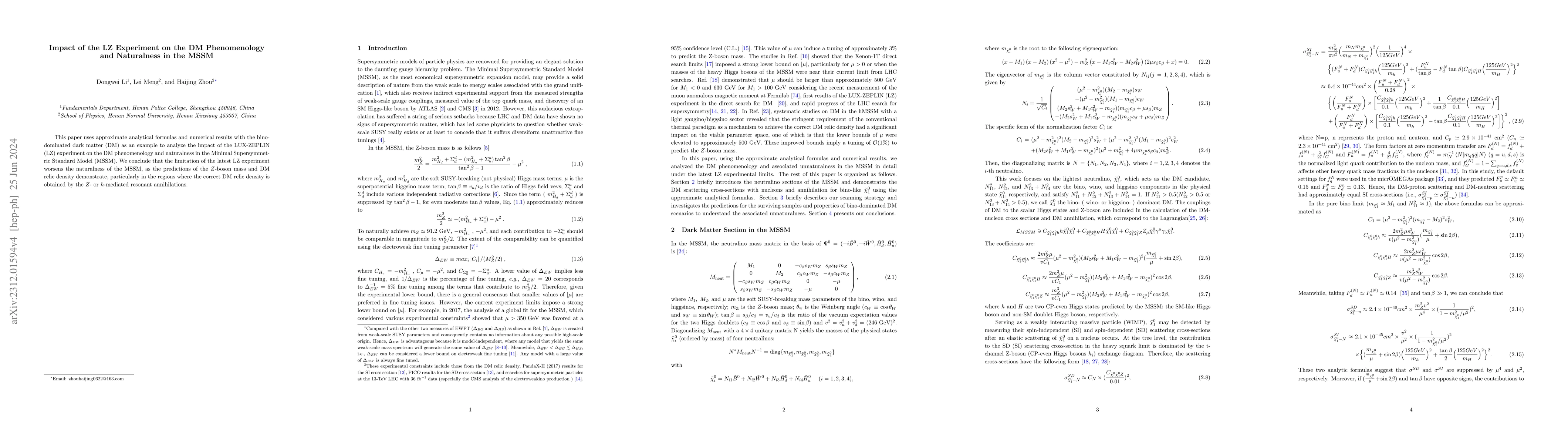 Thumbnail for Impact of the LZ Experiment on the DM Phenomenology and Naturalness in
  the MSSM