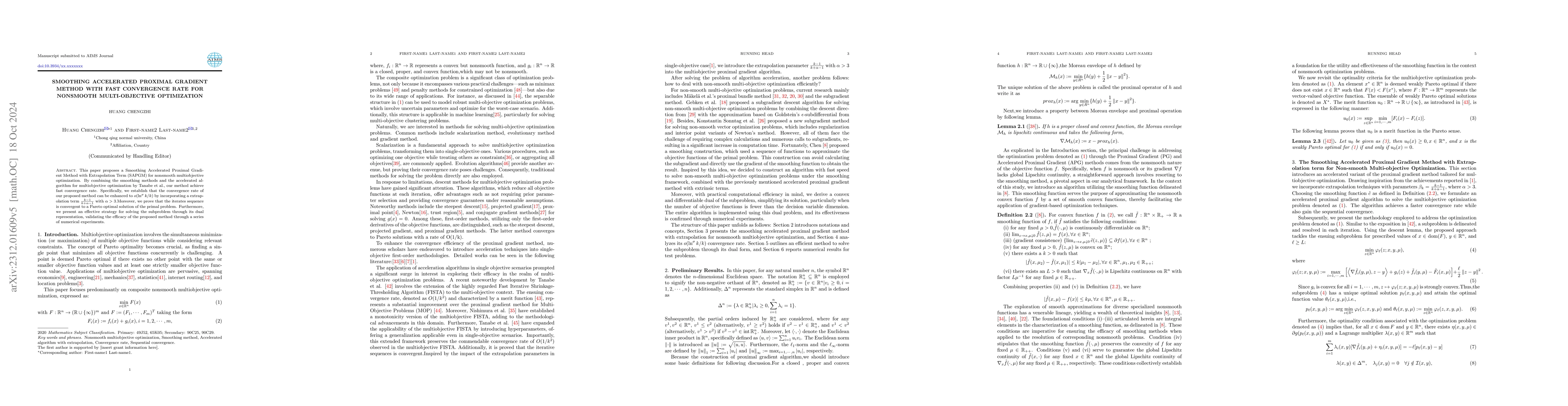 Thumbnail for Smoothing Accelerated Proximal Gradient Method with Fast Convergence
  Rate for Nonsmooth Multi-objective Optimization