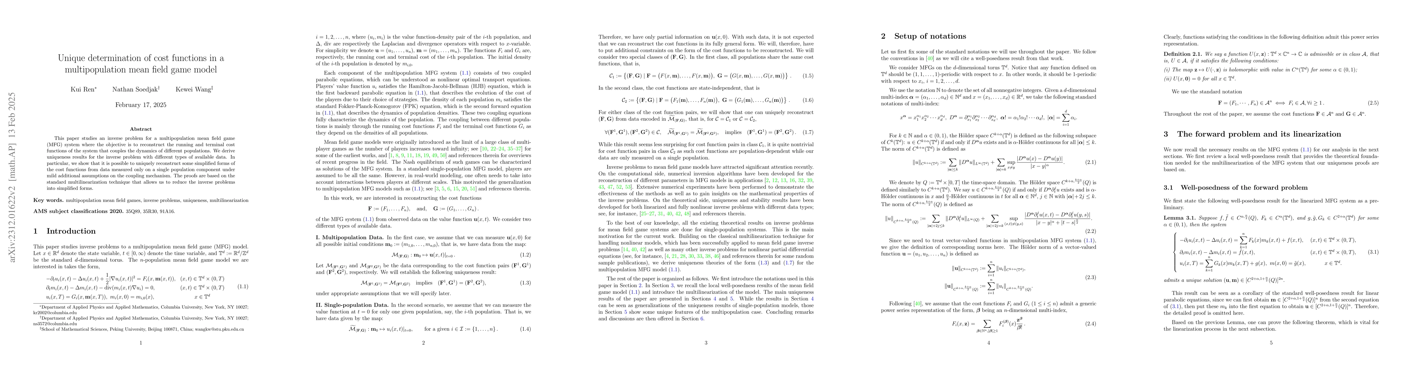 Thumbnail for Unique determination of cost functions in a multipopulation mean field
  game model