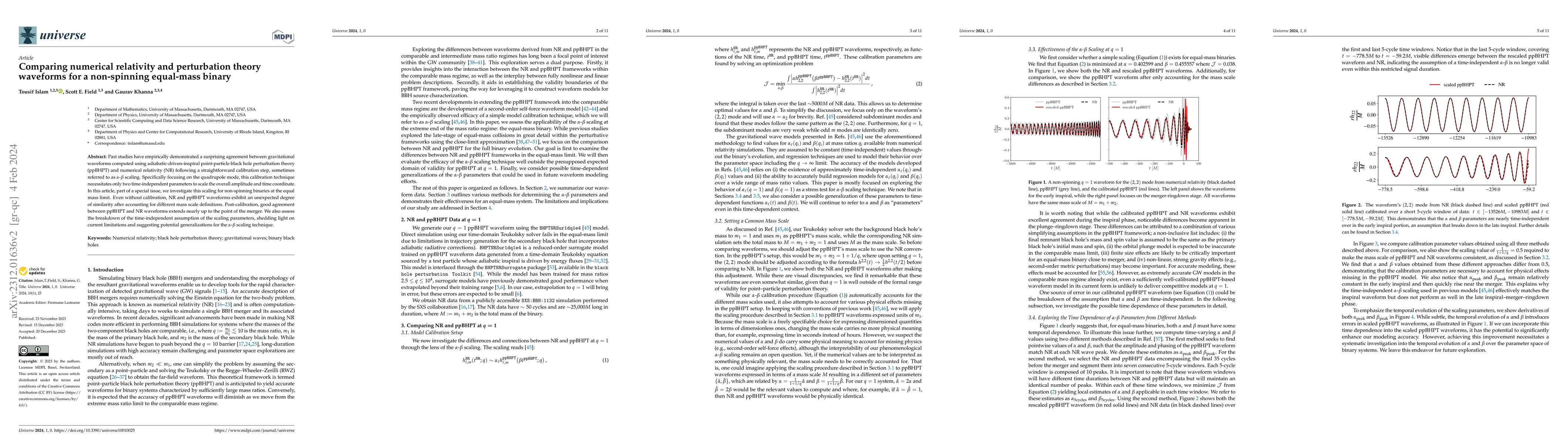 Thumbnail for Comparing numerical relativity and perturbation theory waveforms for a
  non-spinning equal-mass binary