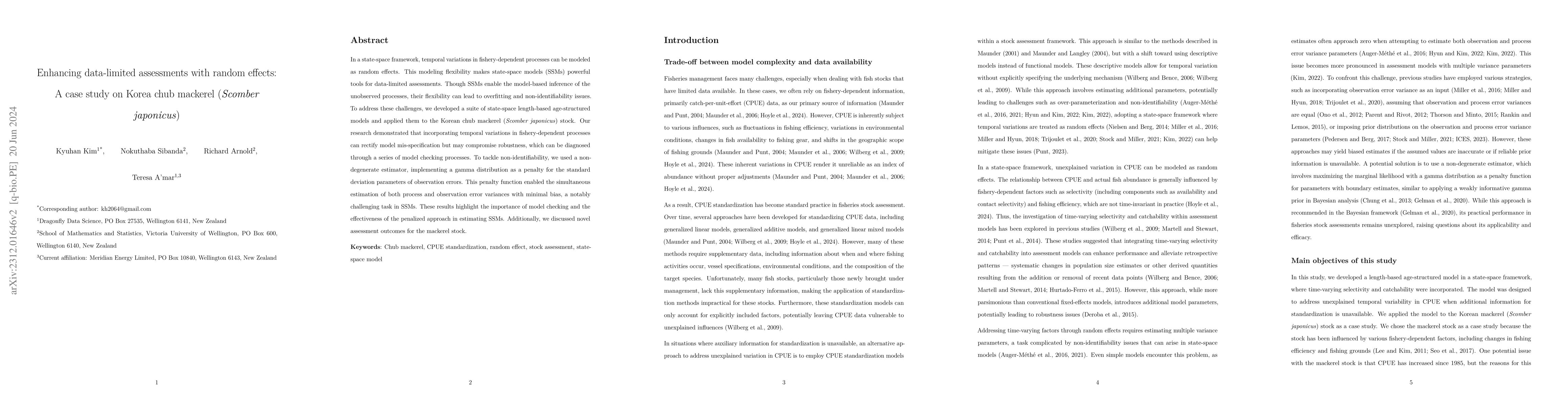 Thumbnail for Enhancing data-limited assessments with random effects: A case study on
  Korea chub mackerel (Scomber japonicus)