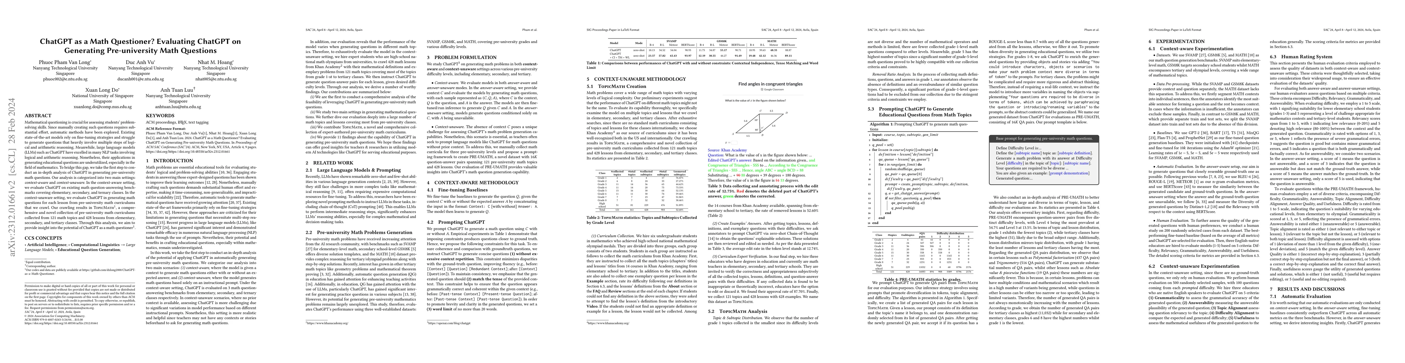 Thumbnail for ChatGPT as a Math Questioner? Evaluating ChatGPT on Generating
  Pre-university Math Questions