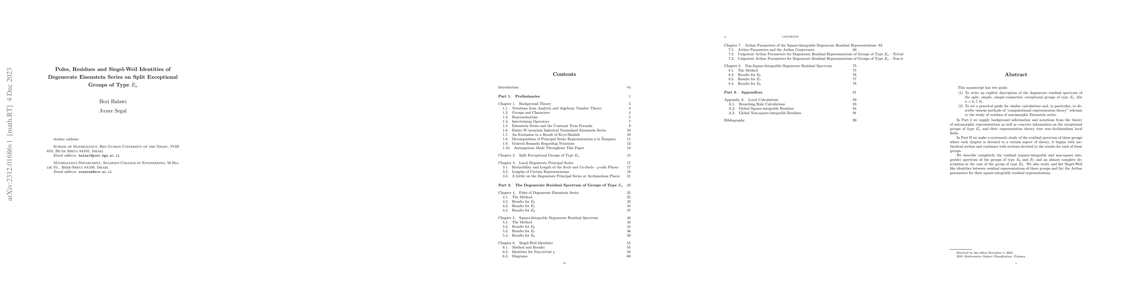 Thumbnail for Poles, Residues and Siegel-Weil Identities of Degenerate Eisenstein
  Series on Split Exceptional Groups of Type $E_n$
