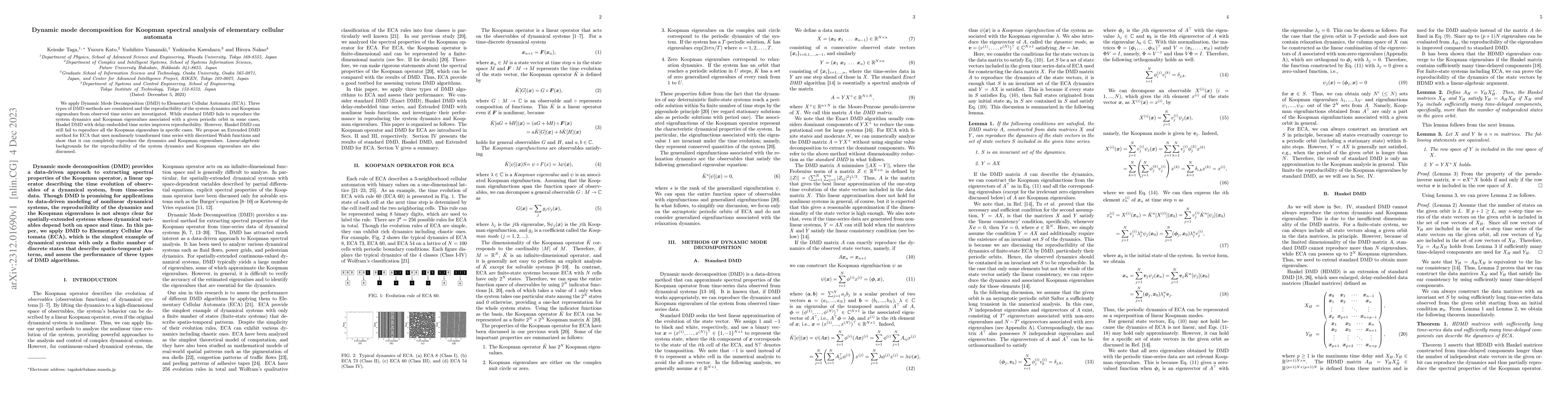 Thumbnail for Dynamic mode decomposition for Koopman spectral analysis of elementary
  cellular automata