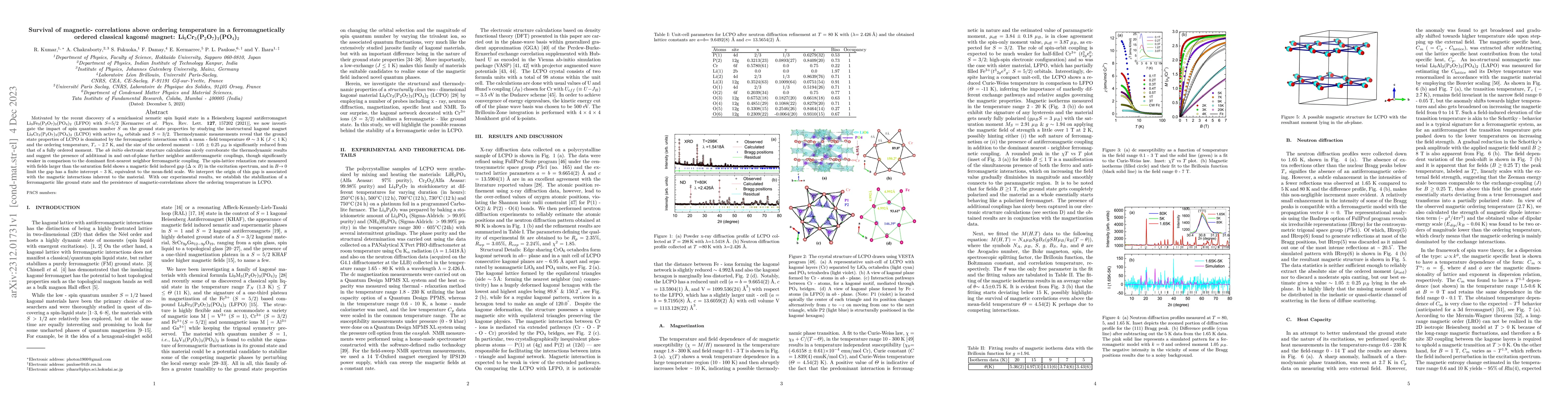 Thumbnail for Survival of magnetic correlations above ordering temperature in a
  ferromagnetically ordered classical kagom\'e magnet: Li9Cr3(P2O7)3(PO4)2