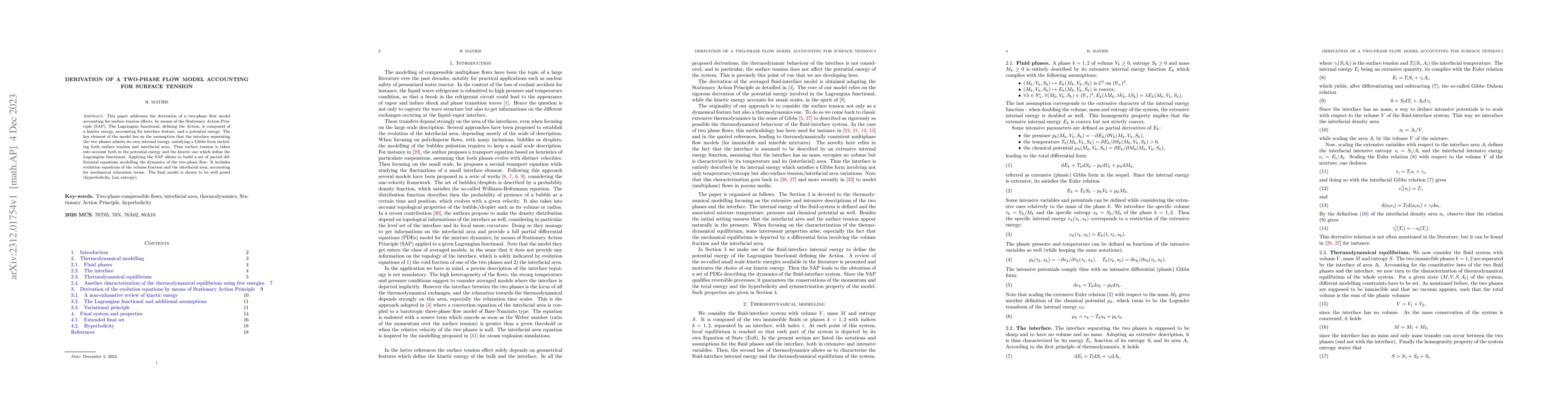Thumbnail for Derivation of a two-phase flow model accounting for surface tension