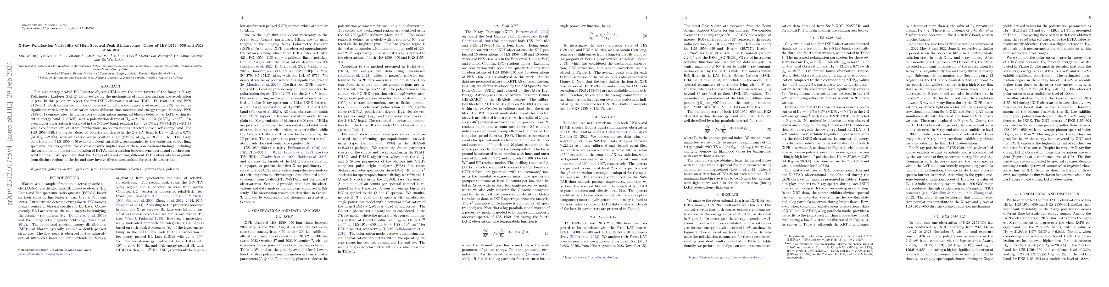 Thumbnail for X-Ray Polarization Variability of High Spectral Peak BL Lacertaes: Cases
  of 1ES 1959+650 and PKS 2155-304