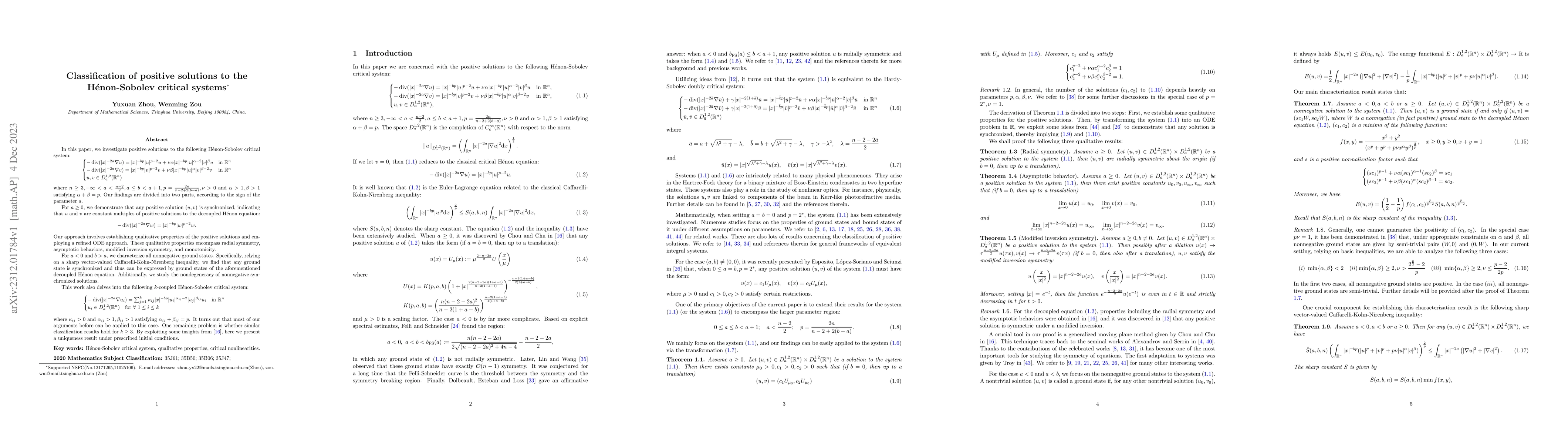 Thumbnail for Classification of positive solutions to the H\'enon-Sobolev critical
  systems