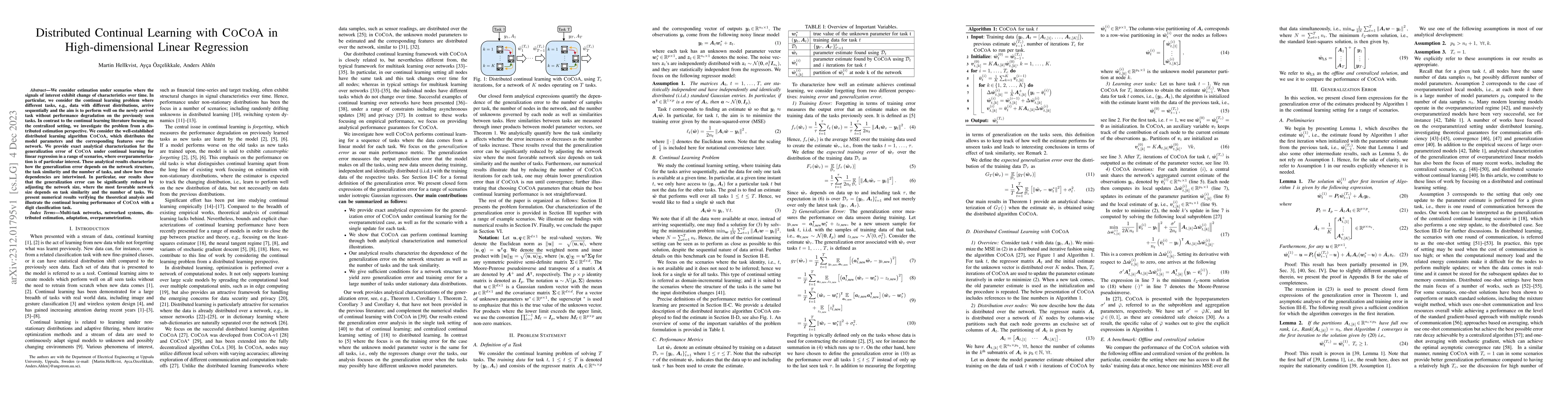 Thumbnail for Distributed Continual Learning with CoCoA in High-dimensional Linear
  Regression