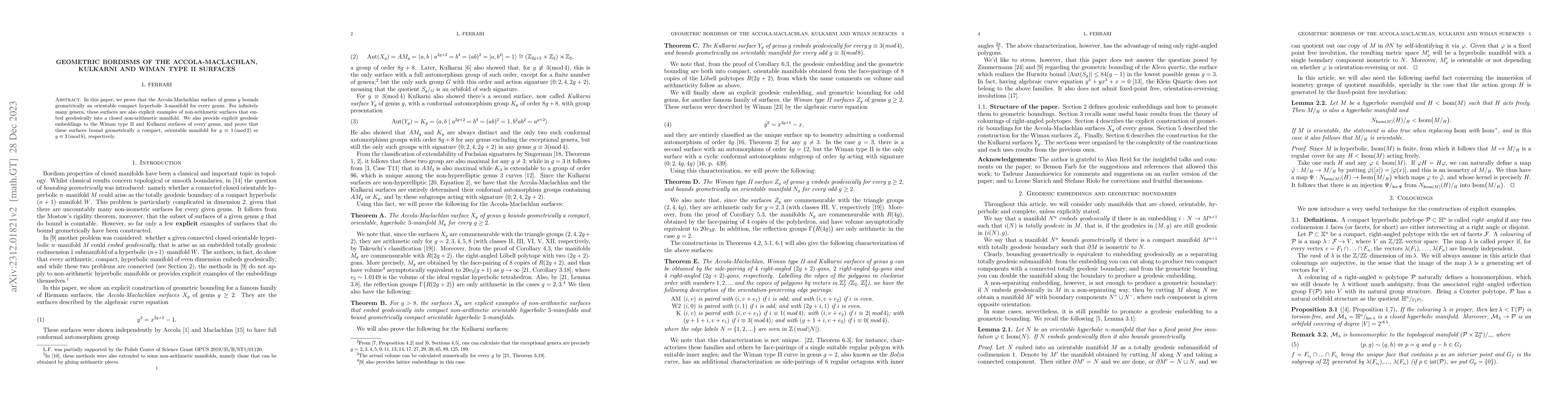 Thumbnail for Geometric Bordisms of the Accola-Maclachlan, Kulkarni and Wiman Type II
  Surfaces
