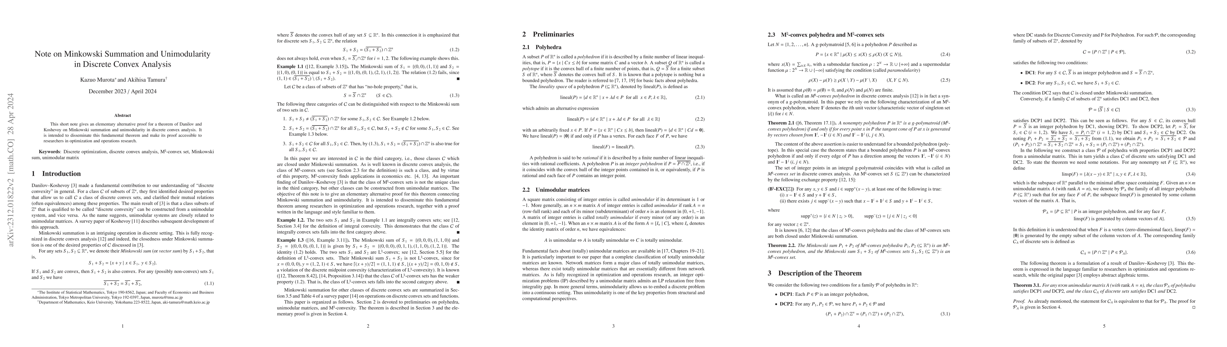 Thumbnail for Note on Minkowski Summation and Unimodularity in Discrete Convex
  Analysis