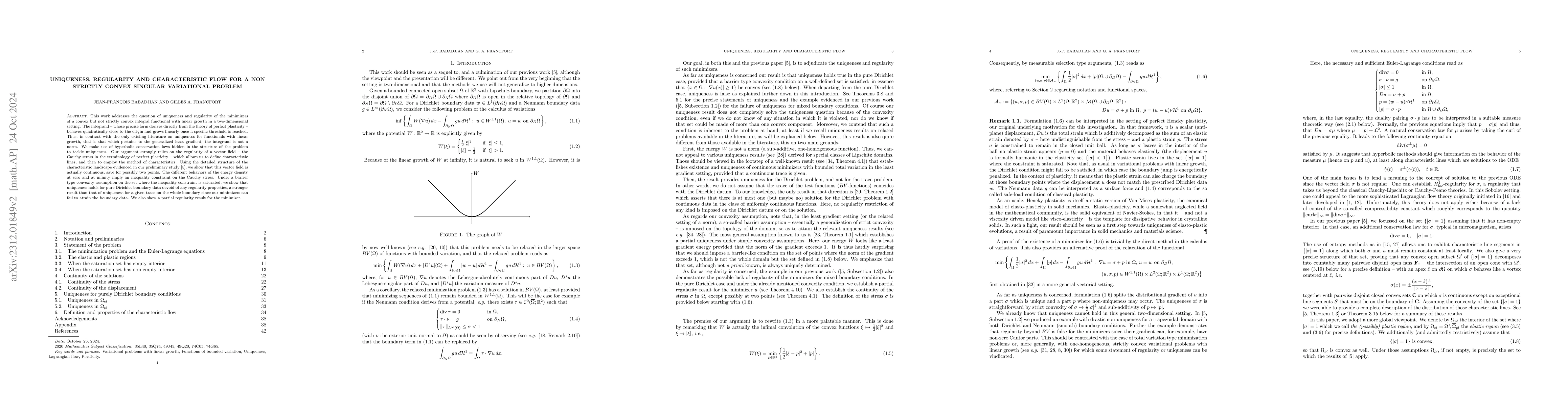 Thumbnail for Uniqueness and characteristic flow for a non strictly convex singular
  variational problem