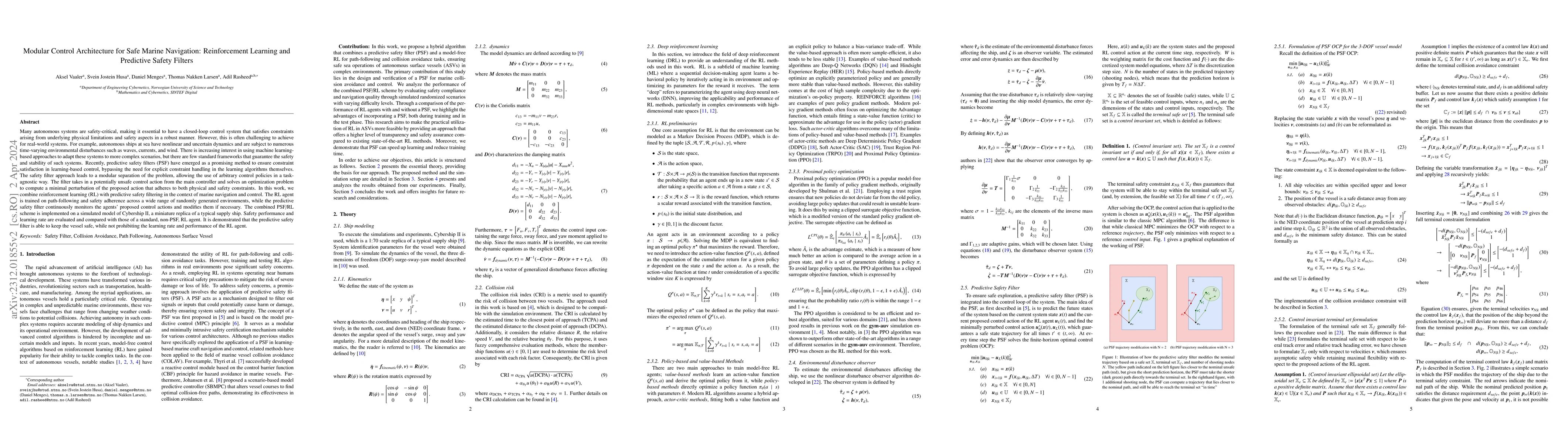 Thumbnail for Modular Control Architecture for Safe Marine Navigation: Reinforcement
  Learning and Predictive Safety Filters