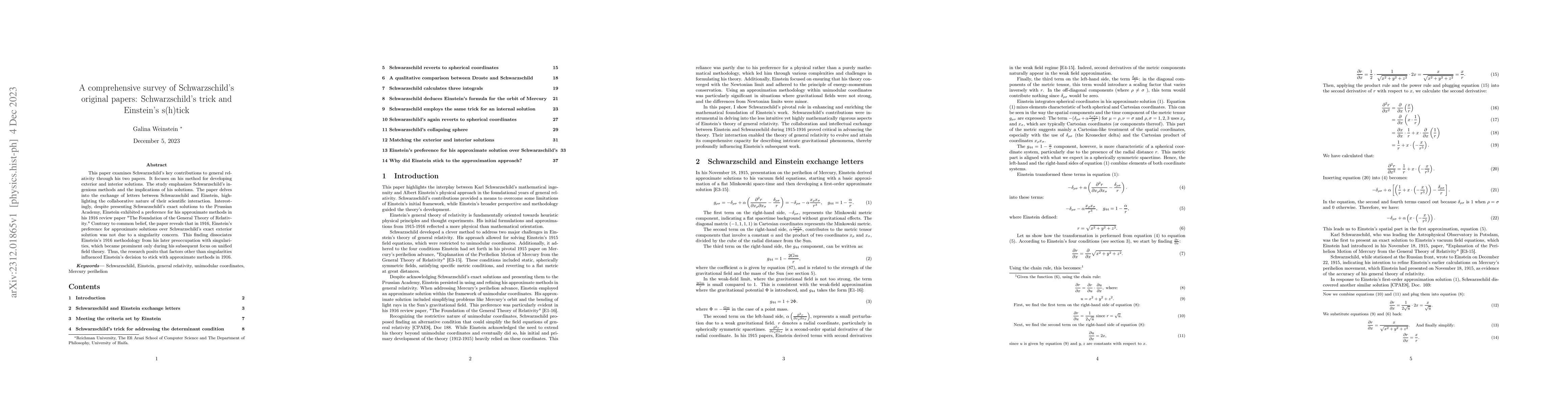 Thumbnail for A comprehensive survey of Schwarzschild's original papers:
  Schwarzschild's trick and Einstein's s(h)tick
