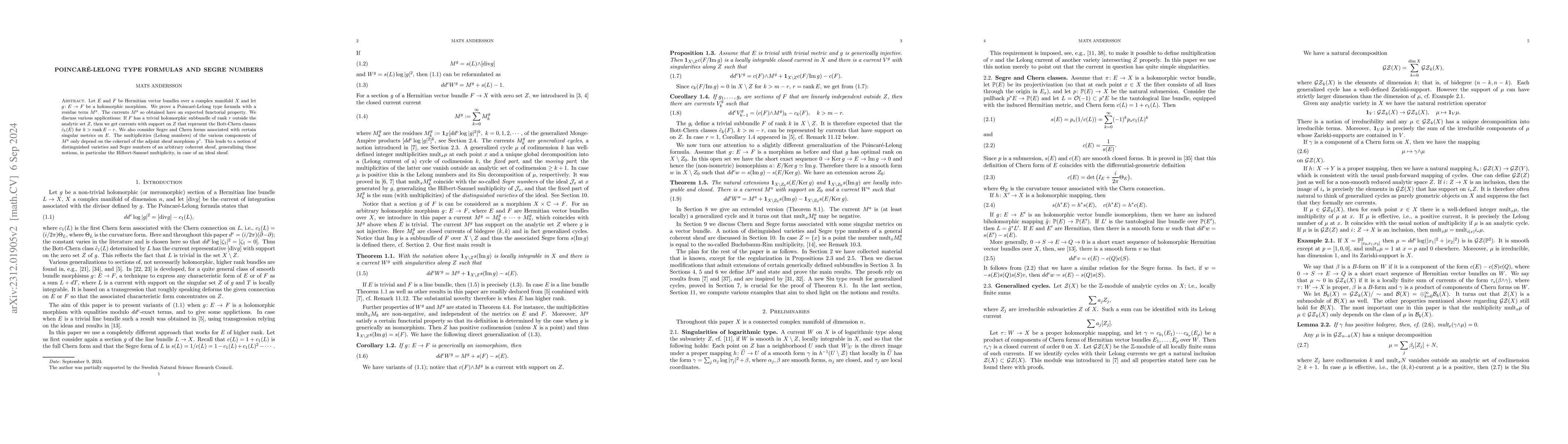 Thumbnail for Poincar\'e-Lelong type formulas and Segre numbers