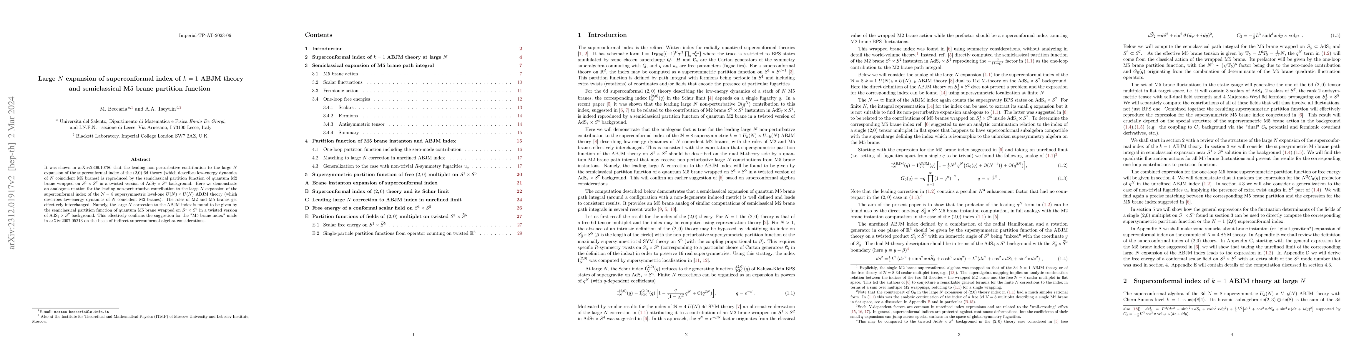 Thumbnail for Large N expansion of superconformal index of k=1 ABJM theory and
  semiclassical M5 brane partition function