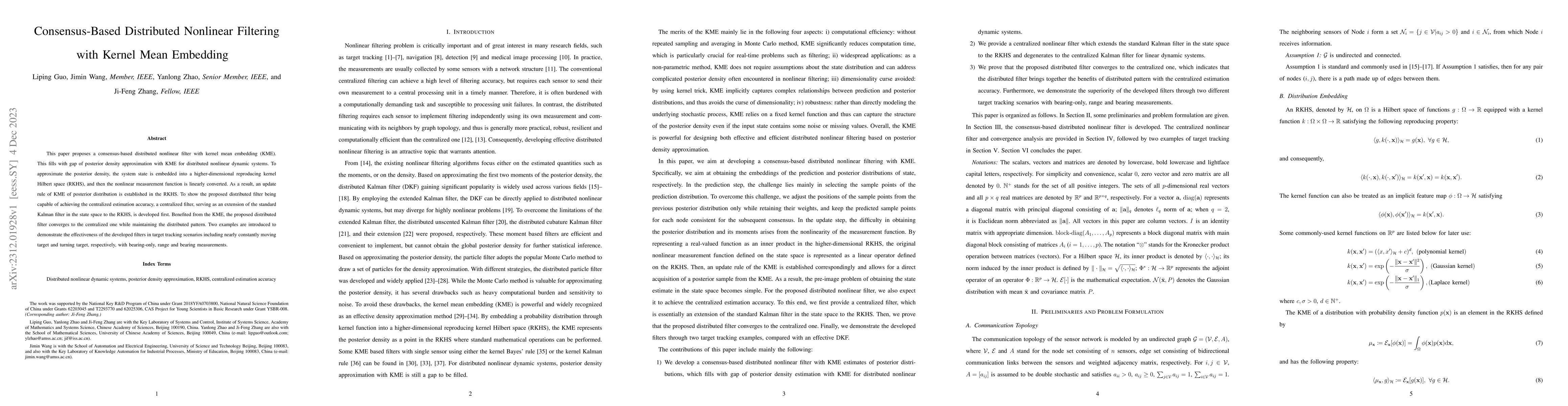 Thumbnail for Consensus-Based Distributed Nonlinear Filtering with Kernel Mean
  Embedding