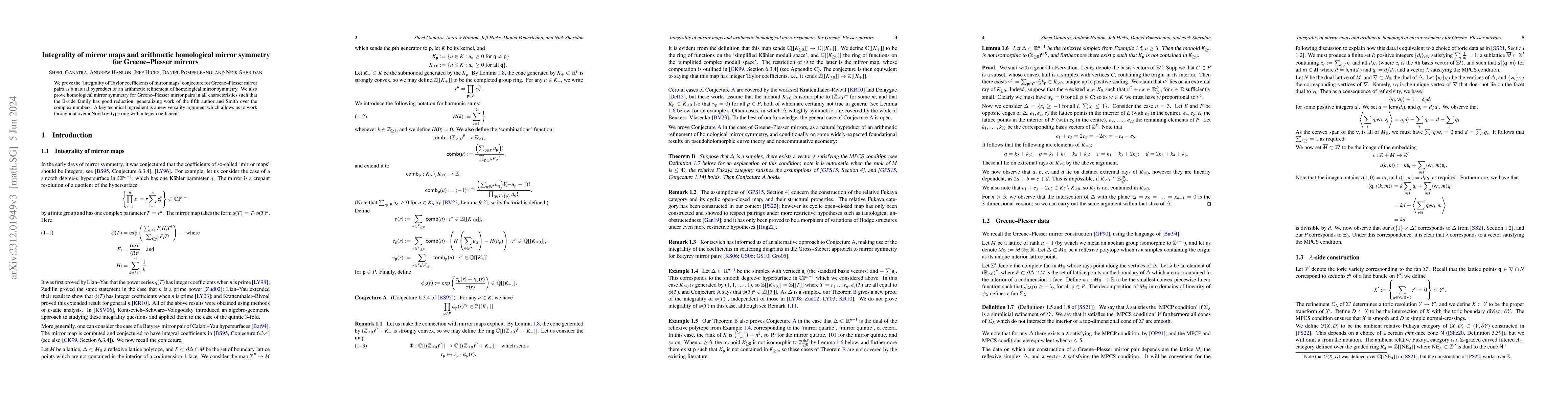 Thumbnail for Integrality of mirror maps and arithmetic homological mirror symmetry
  for Greene--Plesser mirrors