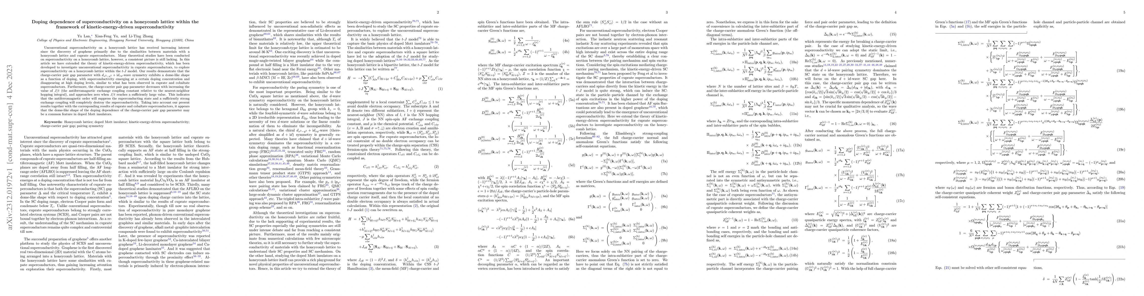 Thumbnail for Doping dependence of superconductivity on a honeycomb lattice within the
  framework of kinetic-energy-driven superconductivity