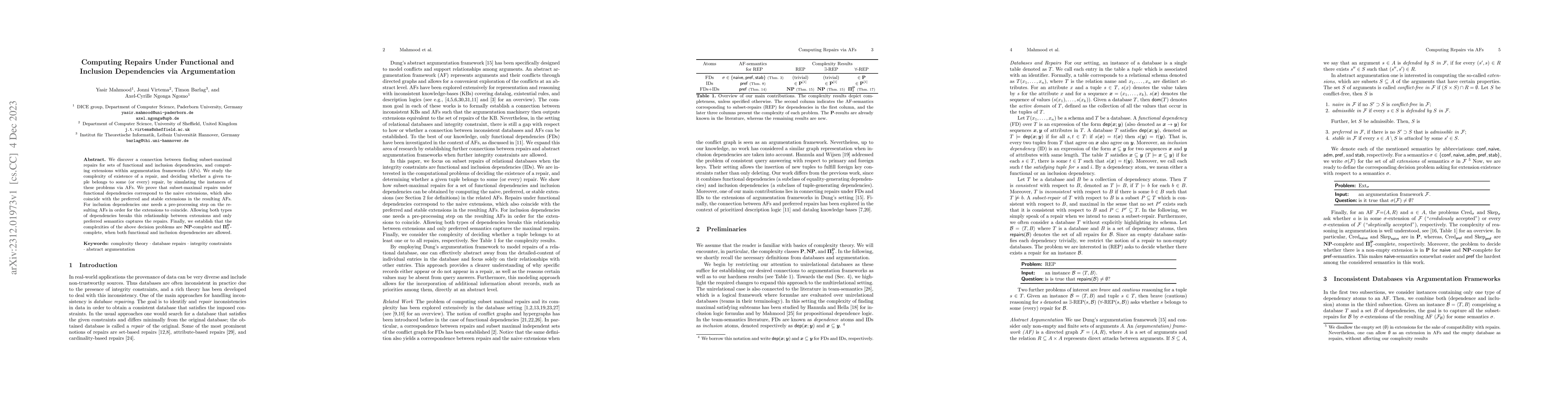 Thumbnail for Computing Repairs Under Functional and Inclusion Dependencies via
  Argumentation