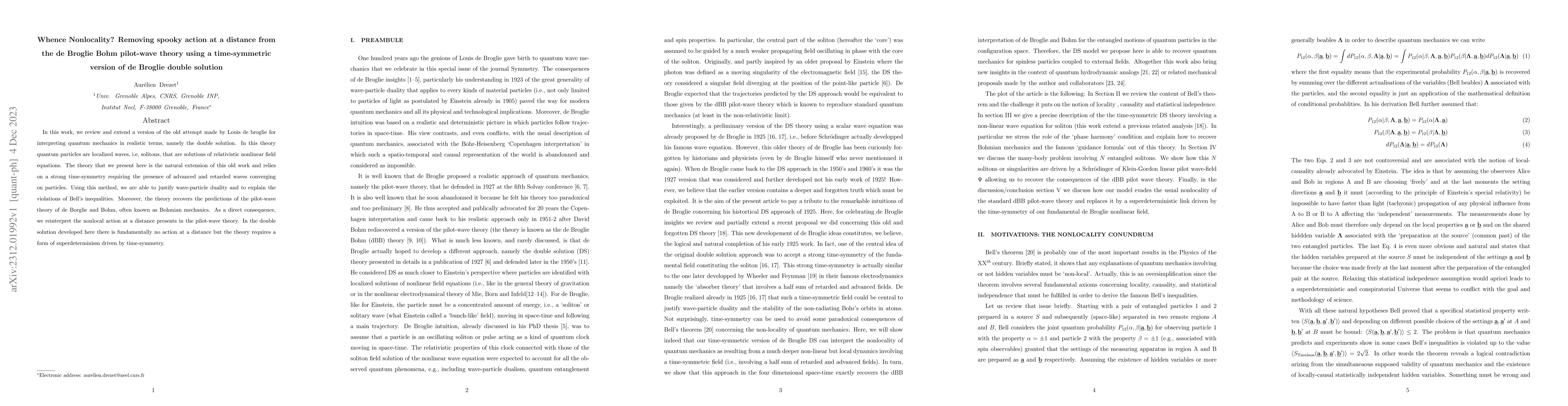 Thumbnail for Whence Nonlocality? Removing spooky action at a distance from the de
  Broglie Bohm pilot-wave theory using a time-symmetric version of de Broglie
  double solution