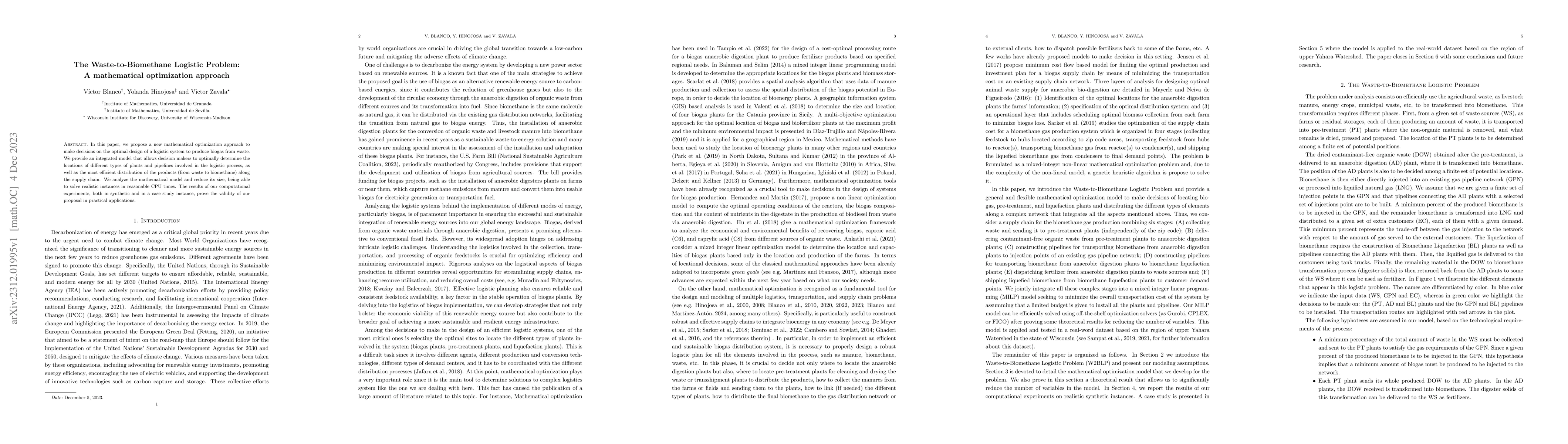 Thumbnail for The Waste-to-Biomethane Logistic Problem: A mathematical optimization
  approach
