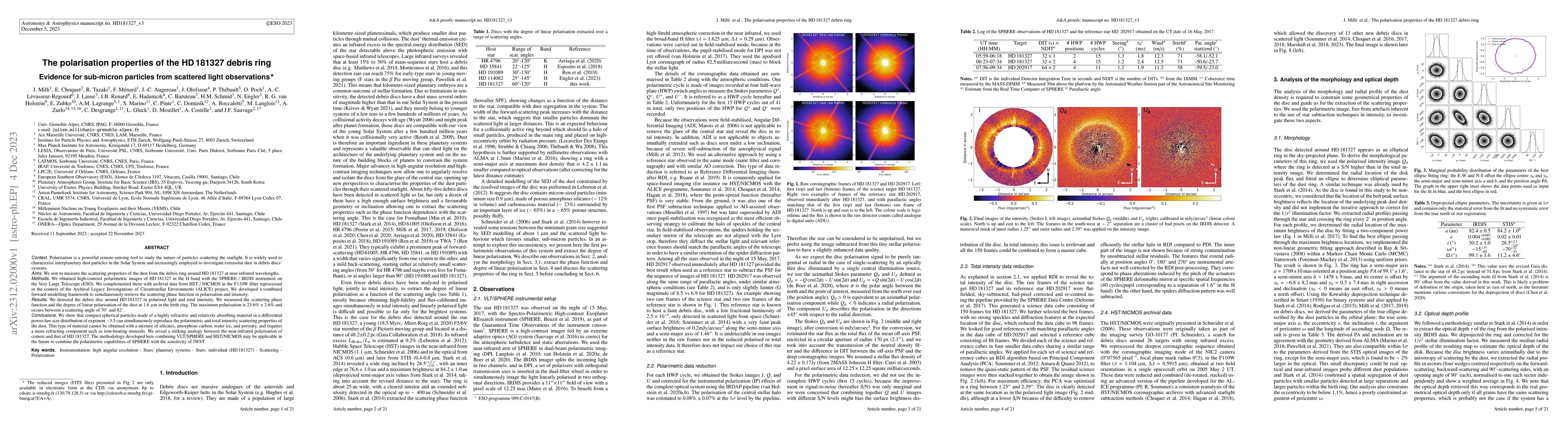 Thumbnail for The polarisation properties of the HD 181327 debris ring. Evidence for
  sub-micron particles from scattered light observations