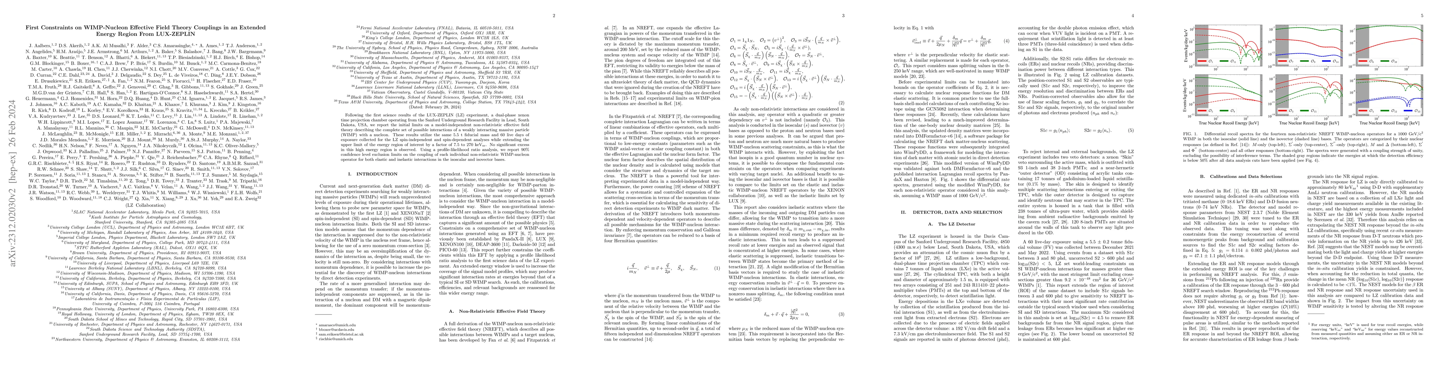 Thumbnail for First Constraints on WIMP-Nucleon Effective Field Theory Couplings in an
  Extended Energy Region From LUX-ZEPLIN