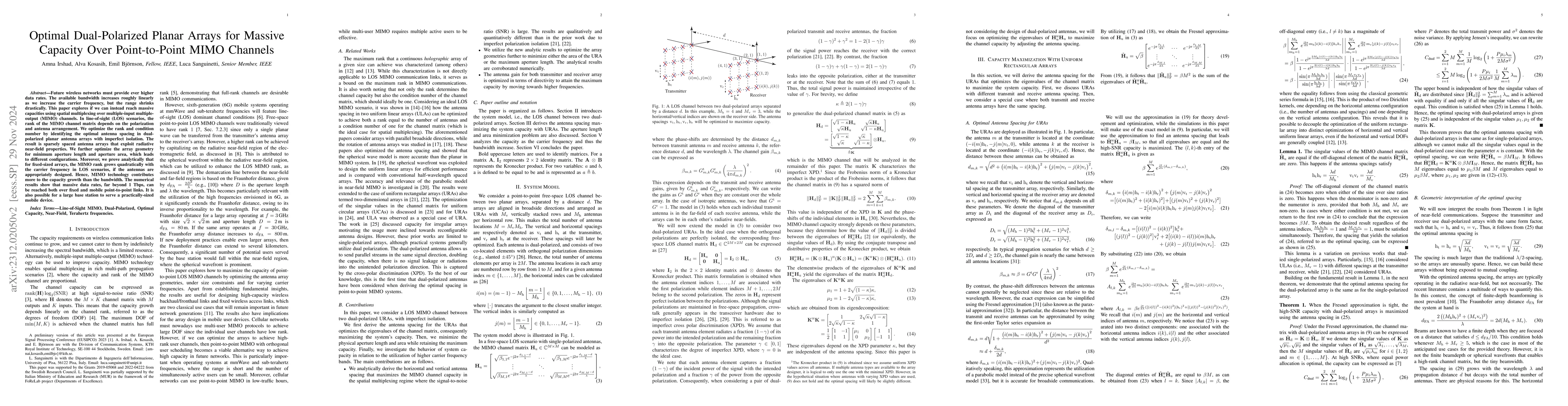 Thumbnail for Optimal Dual-Polarized Planar Arrays for Massive Capacity Over
  Point-to-Point MIMO Channels