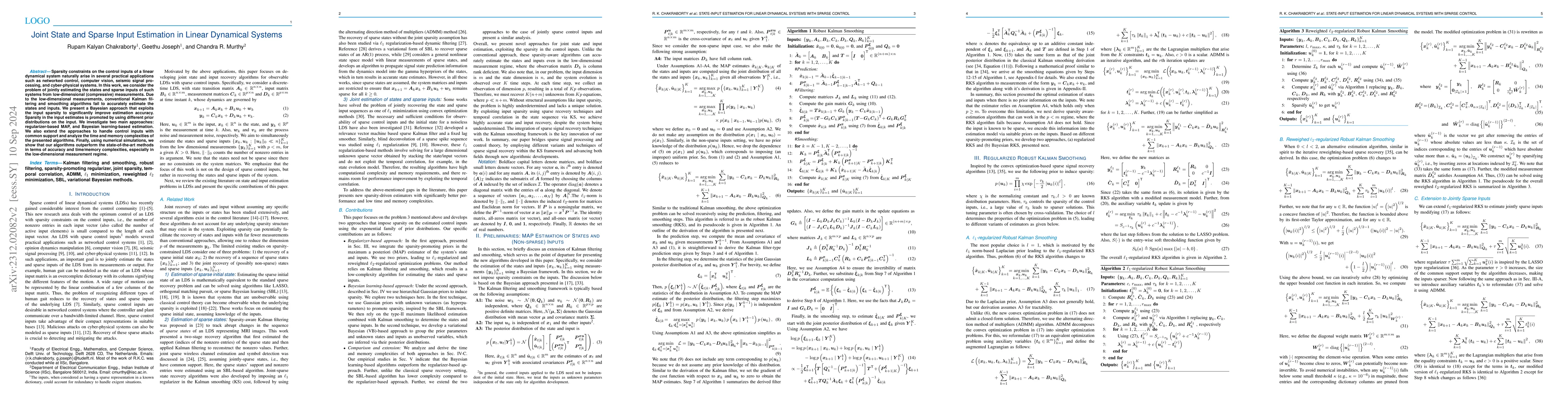 Thumbnail for Joint State and Input Estimation for Linear Dynamical Systems with
  Sparse Control