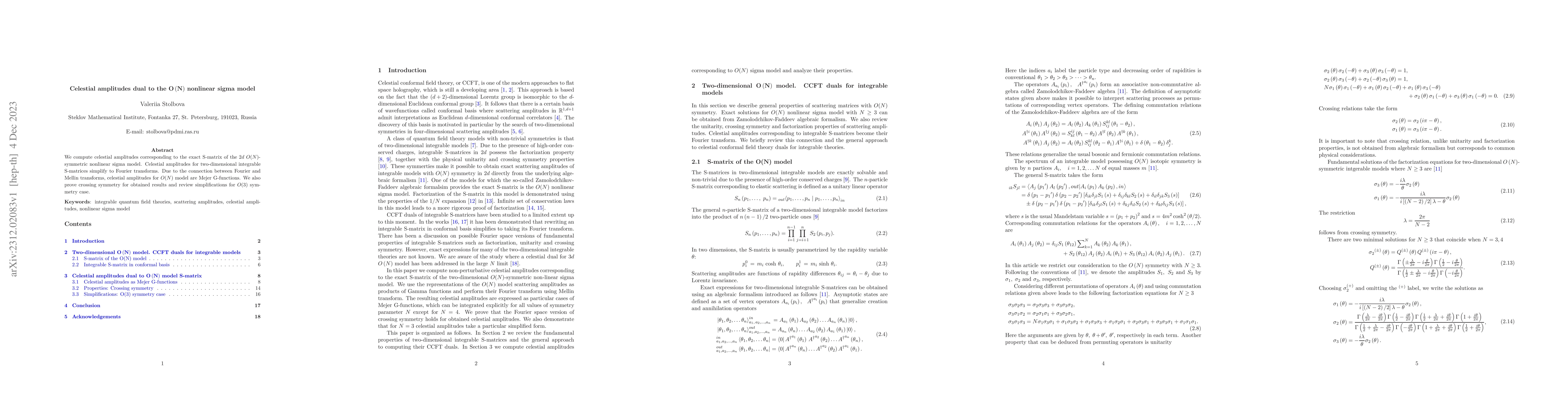 Thumbnail for Celestial amplitudes dual to the O(N) nonlinear sigma model
