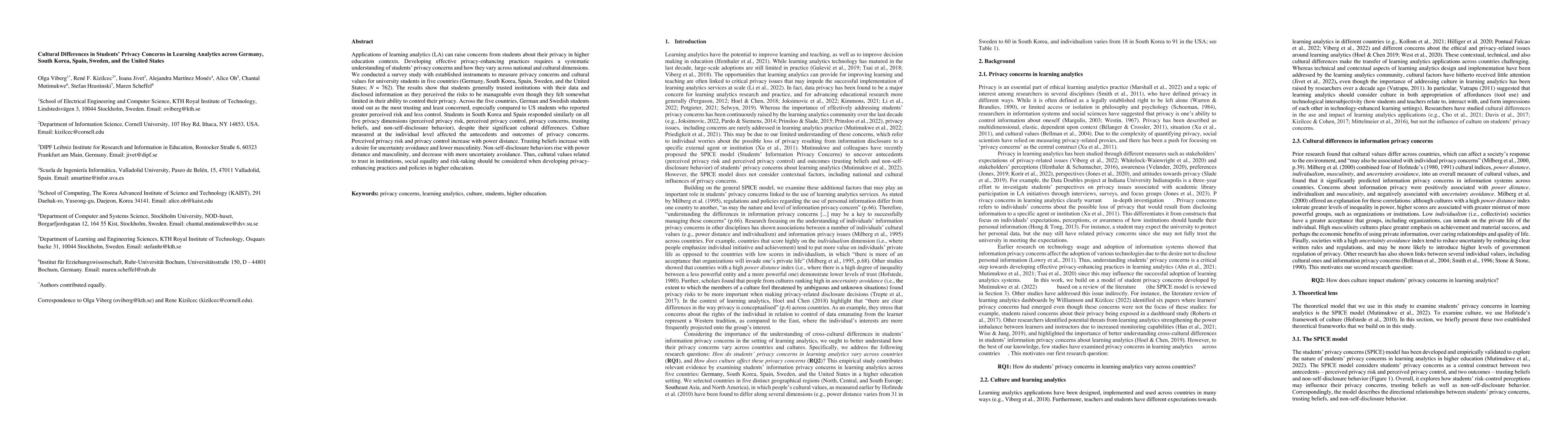 Thumbnail for Cultural Differences in Students' Privacy Concerns in Learning Analytics
  across Germany, South Korea, Spain, Sweden, and the United States