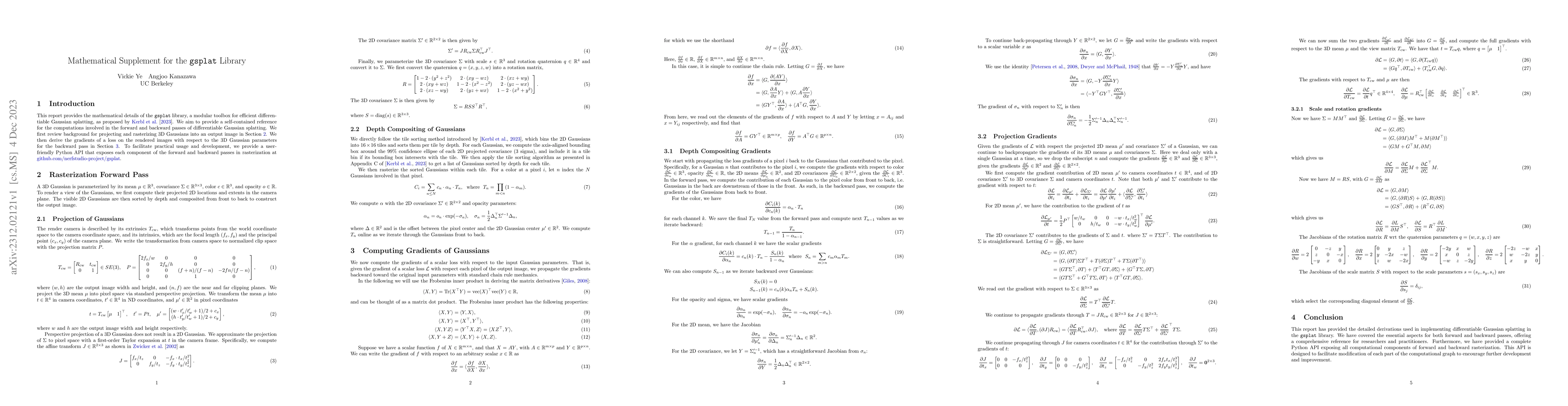 Thumbnail for Mathematical Supplement for the $\texttt{gsplat}$ Library