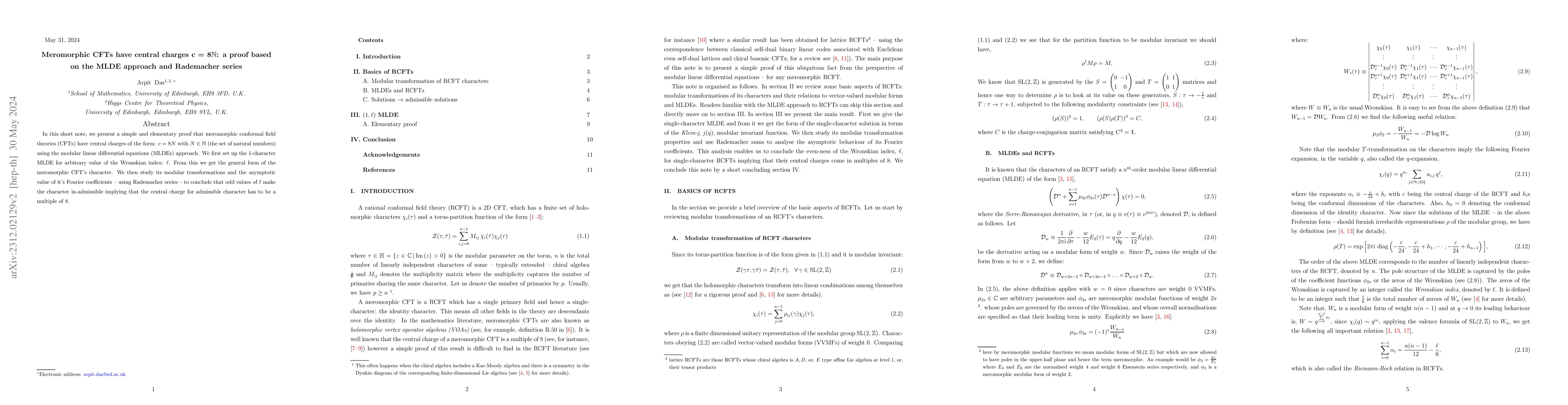 Thumbnail for Meromorphic CFTs have central charges c = 8$\mathbb{N}$: a proof based
  on the MLDE approach and Rademacher series