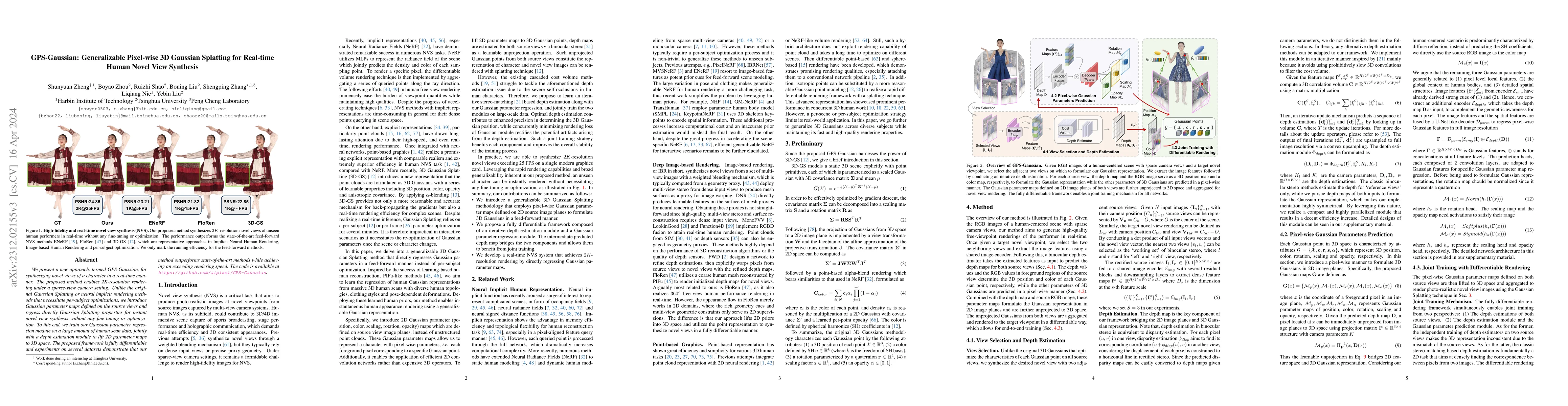 Thumbnail for GPS-Gaussian: Generalizable Pixel-wise 3D Gaussian Splatting for
  Real-time Human Novel View Synthesis