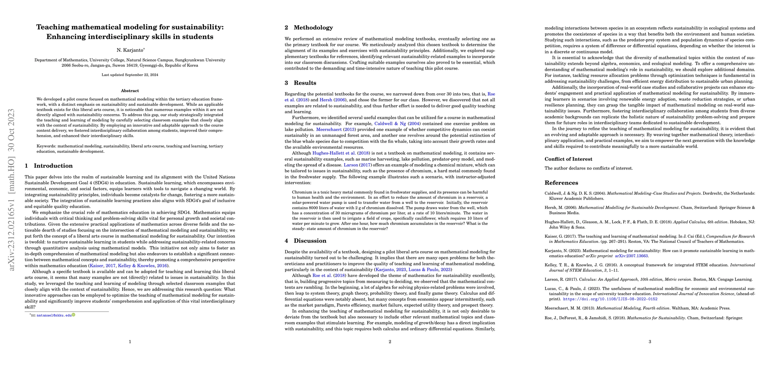 Thumbnail for Teaching mathematical modeling for sustainability: Enhancing
  interdisciplinary skills in students