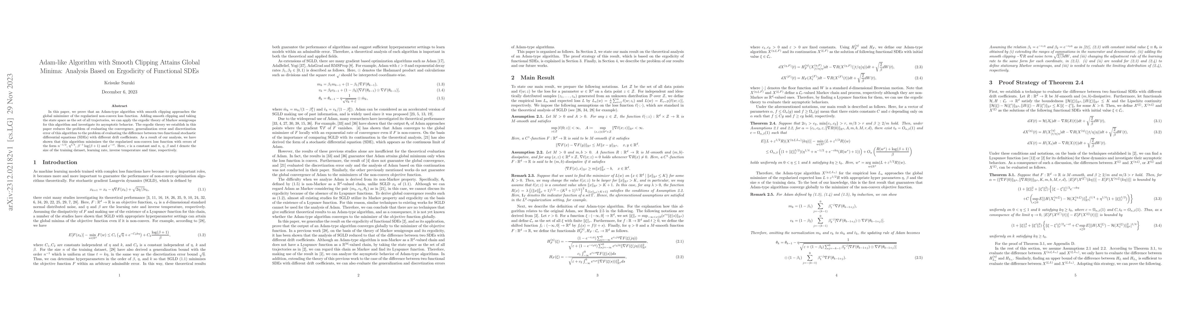 Thumbnail for Adam-like Algorithm with Smooth Clipping Attains Global Minima: Analysis
  Based on Ergodicity of Functional SDEs