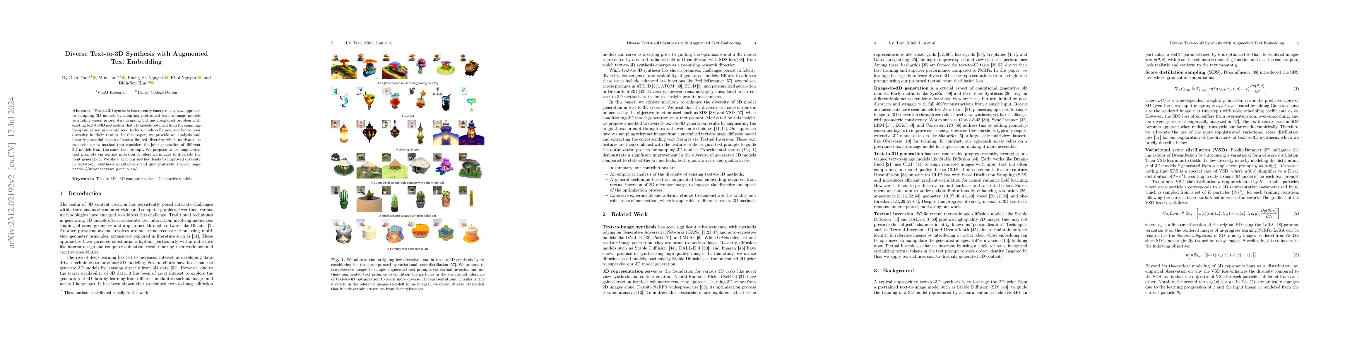 Thumbnail for DiverseDream: Diverse Text-to-3D Synthesis with Augmented Text Embedding