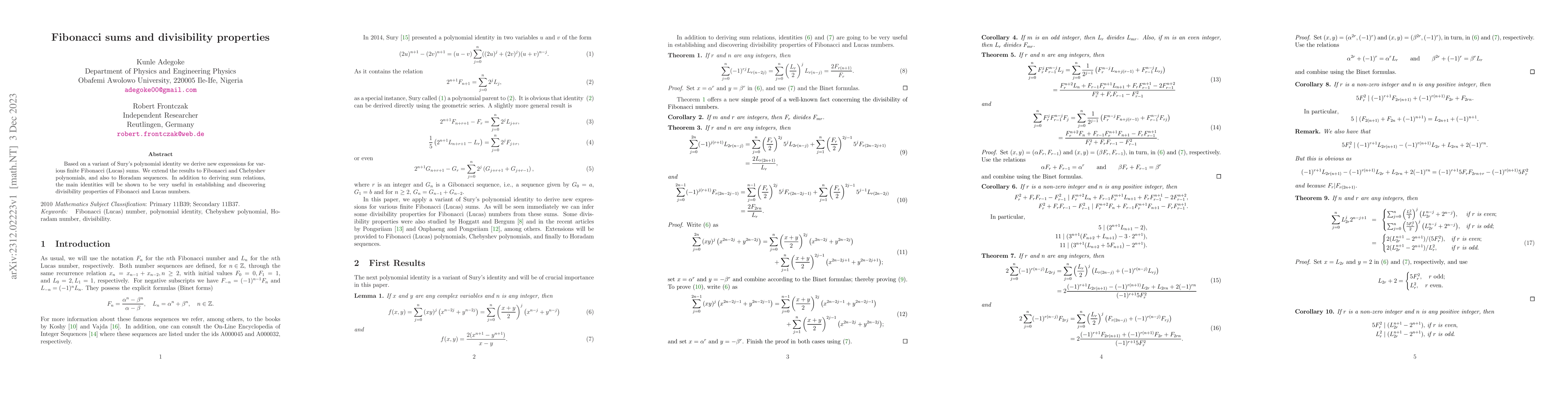 Thumbnail for Fibonacci sums and divisibility properties